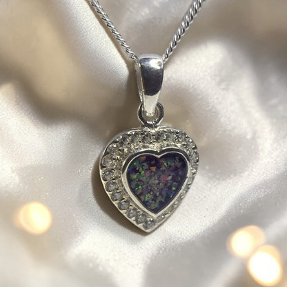 Rigel sterling silver heart ashes pendant with CZ stones, side view, handcrafted in Lancashire UK 