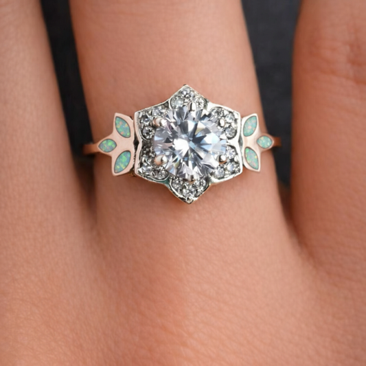 Vintage Floral Ring — silver floral ashes memorial ring with spearmint opal settings, handcrafted in Lancashire, UK