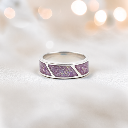 Rose pink Axis men's sterling silver three setting ring, handcrafted in Lancashire UK by Keepsake Memorial Jewellery