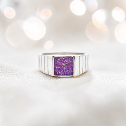 Rose Pink Echo men's sterling silver memorial signet ring, handcrafted in Lancashire UK by Keepsake Memorial Jewellery