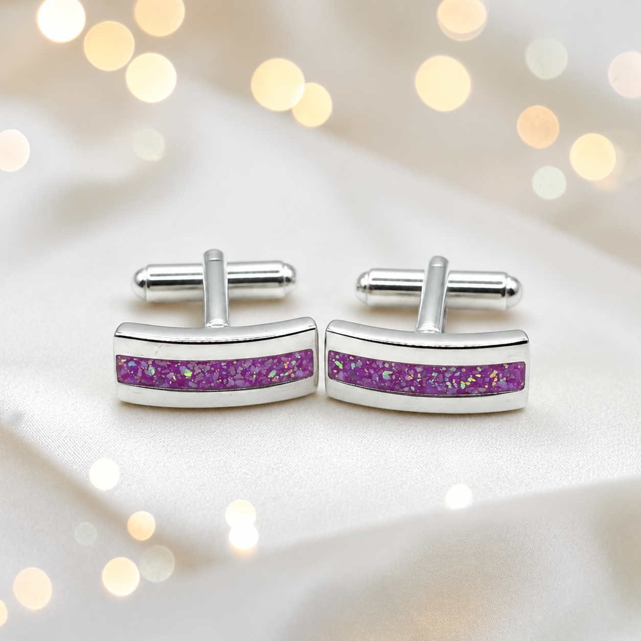 Rose pink silver Ember memorial ashes cufflinks, handcrafted in Lancashire UK