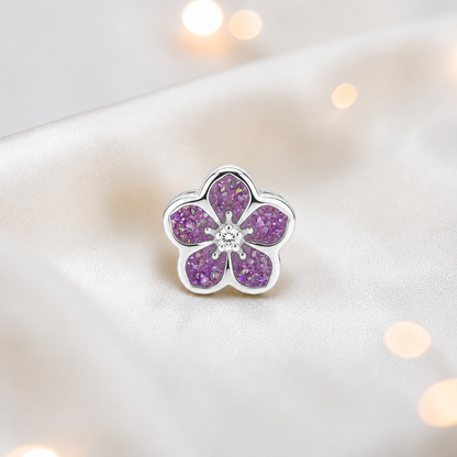 Rose pink sterling silver forget me not ashes memorial charm, handcrafted in Lancashire by keepsake memorial