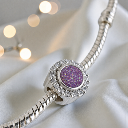 Rose pink sterling silver halo ashes memorial charm, handcrafted in Lancashire by keepsake memorial