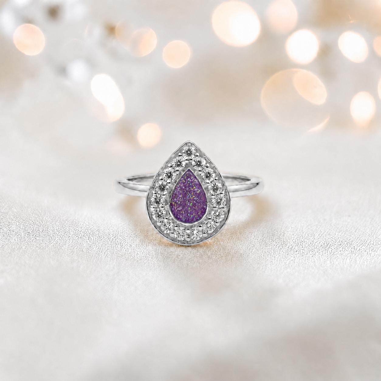 Keepsake Memorial Silver Helena Teardrop Ashes Ring in Rose Pink — handcrafted in Lancashire, UK