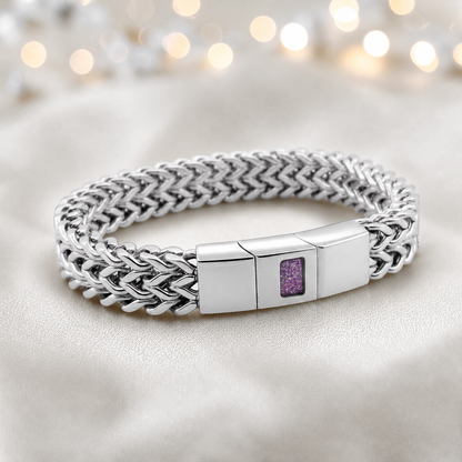 Rose pink Heritage men's stainless steel  memorial bracelet , handcrafted in Lancashire UK by Keepsake Memorial Jewellery