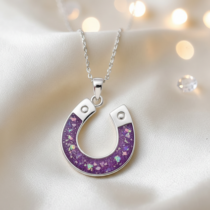 Midnight horseshoe ashes pendant in rose pink, handcrafted in Lancashire UK - by Keepsake Memorial Jewellery