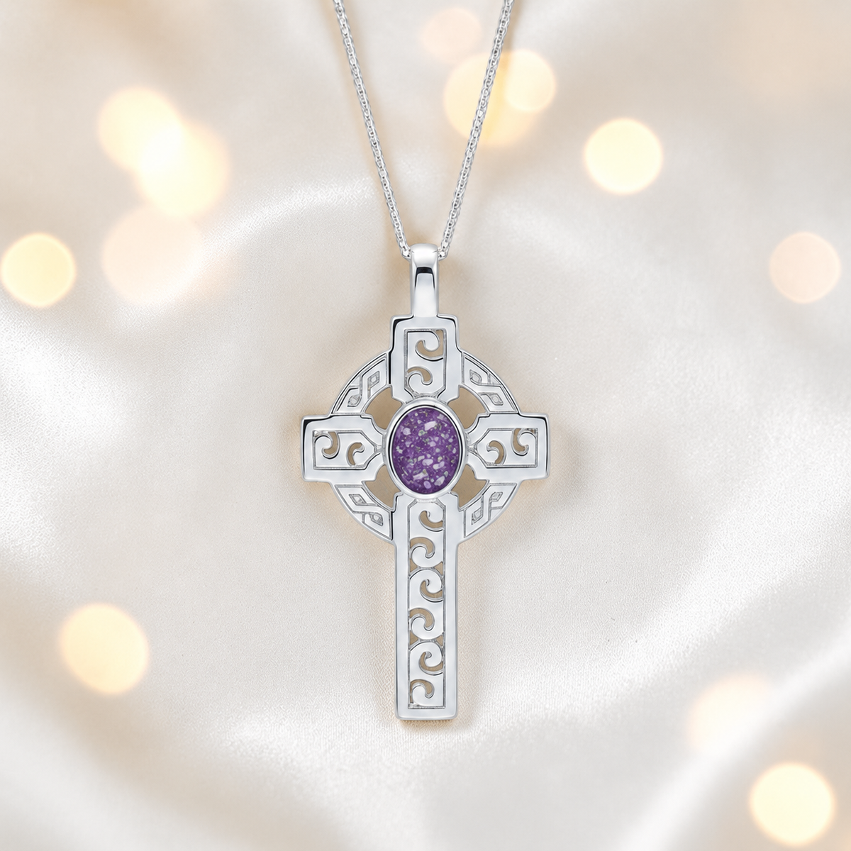 Rose pink Anam sterling silver Celtic cross memorial pendant, 55mm, handcrafted in Lancashire UK by Keepsake Memorial Jewellery