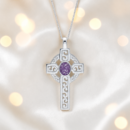 Rose pink Anam sterling silver Celtic cross memorial pendant, 55mm, handcrafted in Lancashire UK by Keepsake Memorial Jewellery