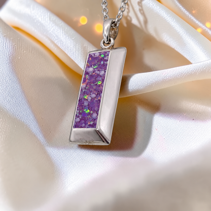 Rose pink Bastion men's sterling silver 3D bar memorial pendant, handcrafted in Lancashire UK by Keepsake Memorial Jewellery