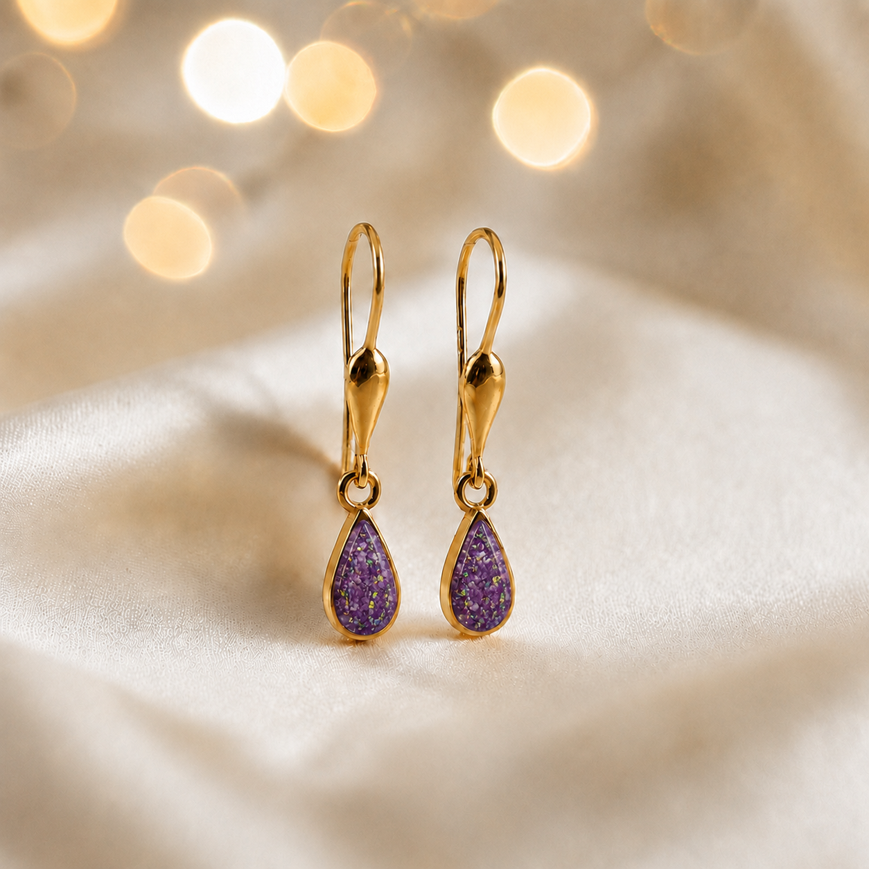 Rose Pink Calla 9ct gold drop memorial earrings, handcrafted in Lancashire, UK – by Keepsake Memorial Jewellery