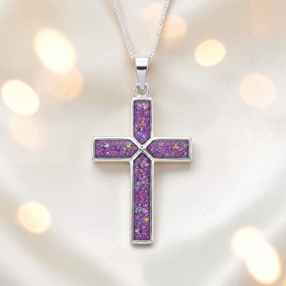 Rose Pink Endura men's sterling silver cross memorial pendant, 29mm, handcrafted in Lancashire UK by Keepsake Memorial Jewellery