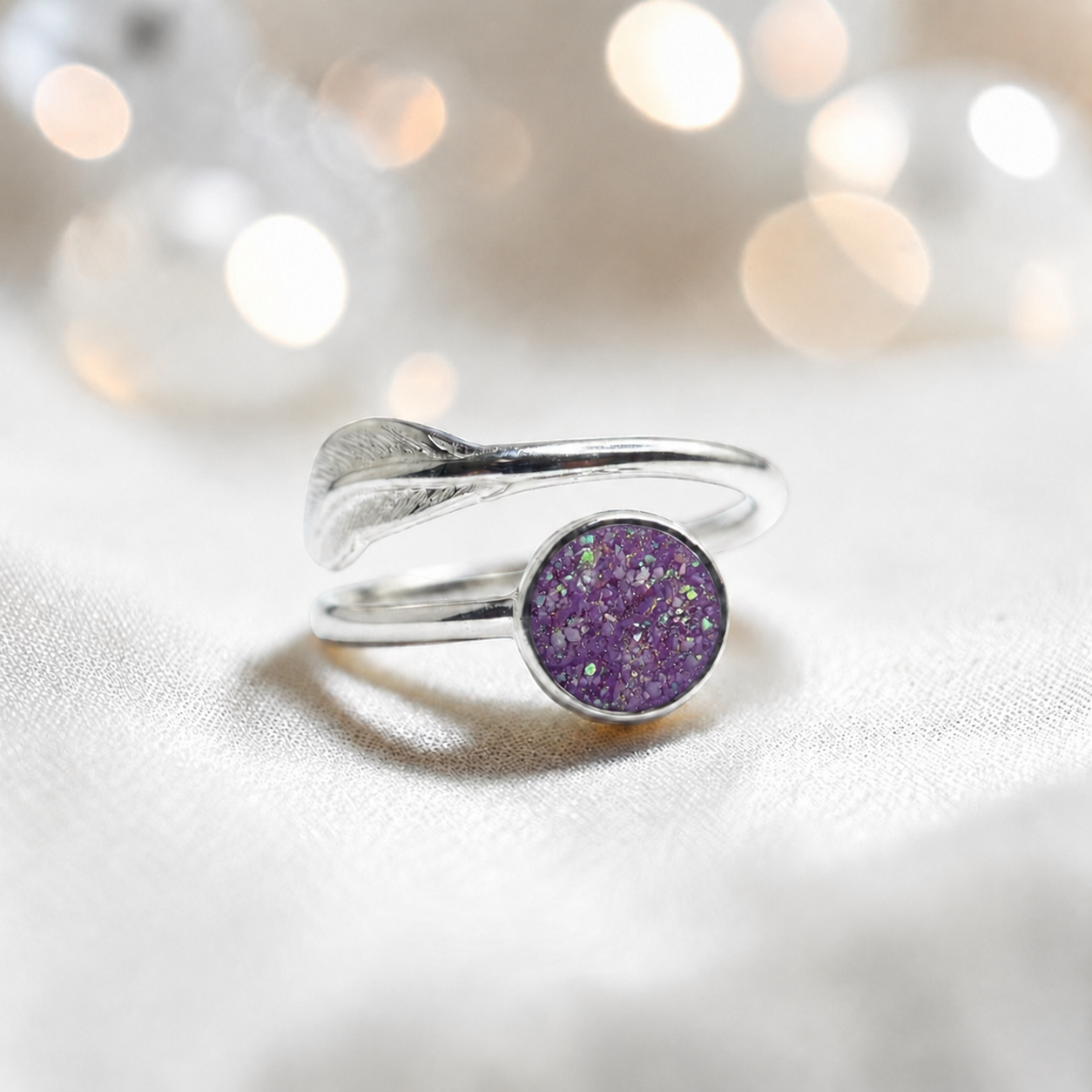 Feather Whisper Ring — silver feather ashes memorial ring, in rose pink, handcrafted in Lancashire, UK