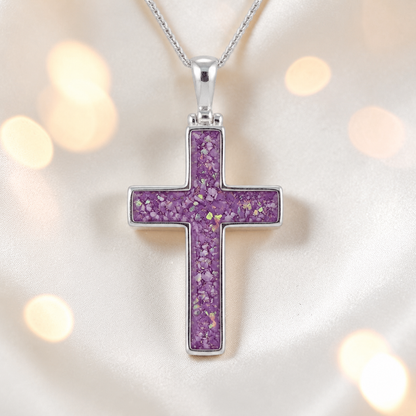 Rose pink Halo sterling silver cross memorial pendant, 30mm, handcrafted in Lancashire UK by Keepsake Memorial Jewellery
