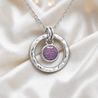 Rose Pink hammered hollow circle sterling silver memorial pendant, handcrafted in Lancashire UK by Keepsake Memorial Jewellery
