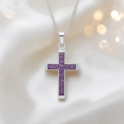 Rose Pink Legacy men's sterling silver 3D cross memorial pendant, 29mm, handcrafted in Lancashire UK by Keepsake Memorial Jewellery