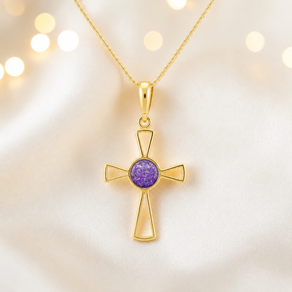 Rose pink 9ct gold memorial ashes open cross pendant, handcrafted in Lancashire UK