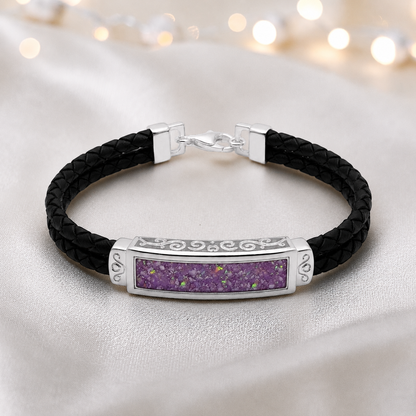 Rose Pink Sentinel men's sterling silver and leather memorial bracelet , handcrafted in Lancashire UK by Keepsake Memorial Jewellery