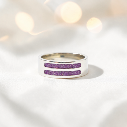 Rose Pink Strata men's sterling silver double channel memorial ring, wide comfort-fit band, handcrafted in Lancashire UK by Keepsake Memorial Jewellery