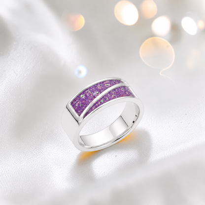 Rose pink Two Paths men's sterling silver split channel memorial band ring, handcrafted in Lancashire UK by Keepsake Memorial Jewellery