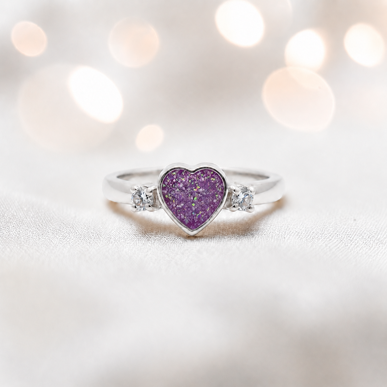 Valentina Ring — silver heart ashes memorial ring, in rose pink, handcrafted in the UK
