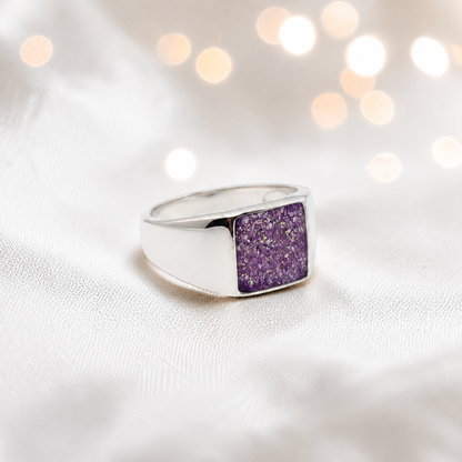 Rose Pink Valor men's sterling silver memorial signet ring, handcrafted in Lancashire UK by Keepsake Memorial Jewellery