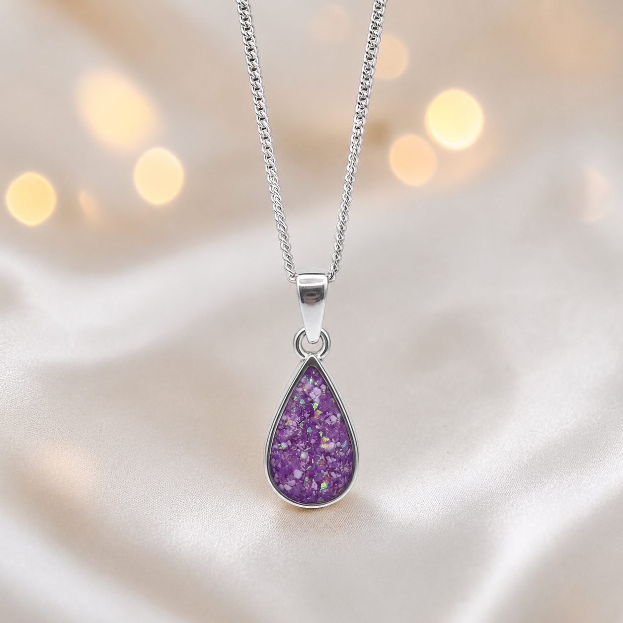 Silver Vega teardrop memorial pendant in Rose Pink, handcrafted in Lancashire UK