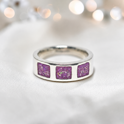 Rose Pink vigil men's sterling silver memorial ring with triple setting, handcrafted in Lancashire UK by Keepsake Memorial Jewellery