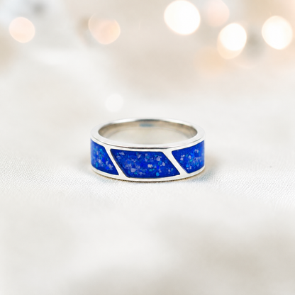 Royal blue Axis men's sterling silver three setting ring, handcrafted in Lancashire UK by Keepsake Memorial Jewellery