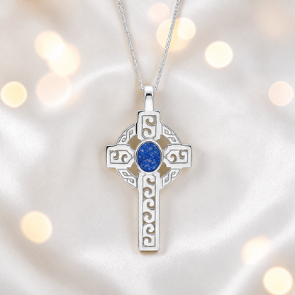 Royal blue Anam sterling silver Celtic cross memorial pendant, 55mm, handcrafted in Lancashire UK by Keepsake Memorial Jewellery