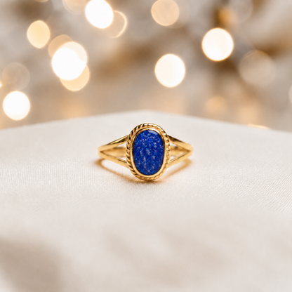 Royal Blue Ayla, 9ct gold oval memorial ring, handcrafted in Lancashire, UK – by Keepsake Memorial Jewellery