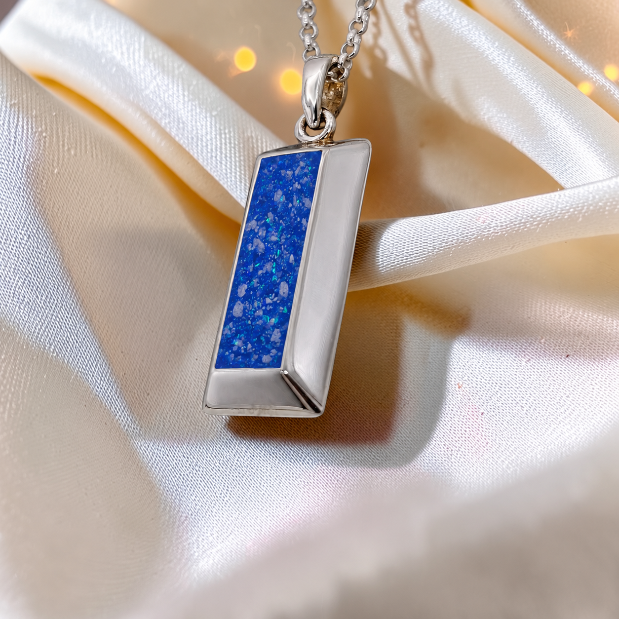 Royal Blue Bastion men's sterling silver 3D bar memorial pendant, handcrafted in Lancashire UK by Keepsake Memorial Jewellery