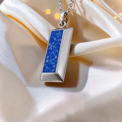 Royal Blue Bastion men's sterling silver 3D bar memorial pendant, handcrafted in Lancashire UK by Keepsake Memorial Jewellery