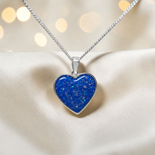 Silver Betel heart ashes memorial pendant in Royal Blue, handcrafted in Lancashire UK