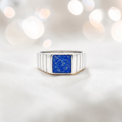 Royal blue Echo men's sterling silver memorial signet ring, handcrafted in Lancashire UK by Keepsake Memorial Jewellery