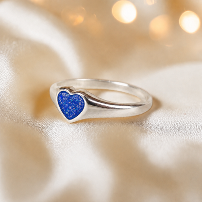 Eden Heart shaped memorial ashes ring in royal blue,  handcrafted in Lancashire, UK.