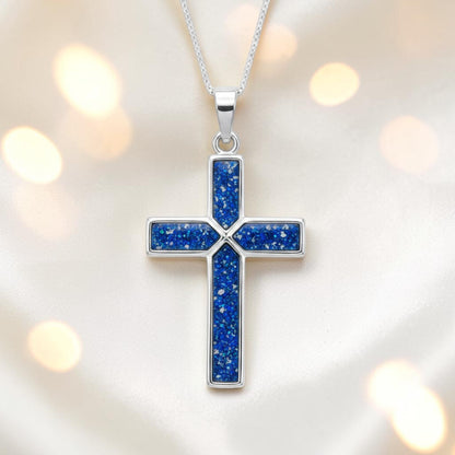 Royal Blue Endura men's sterling silver cross memorial pendant, 29mm, handcrafted in Lancashire UK by Keepsake Memorial Jewellery