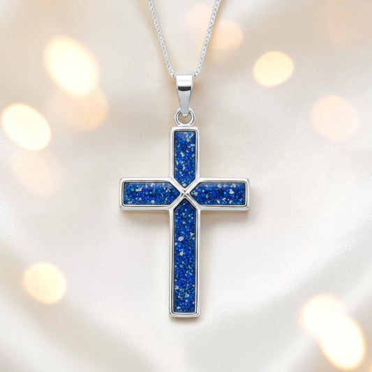 Royal Blue Endura men's sterling silver cross memorial pendant, 29mm, handcrafted in Lancashire UK by Keepsake Memorial Jewellery