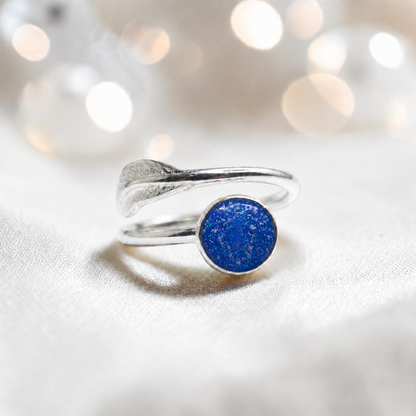 Feather Whisper Ring — silver feather ashes memorial ring, in royal blue, handcrafted in Lancashire, UK