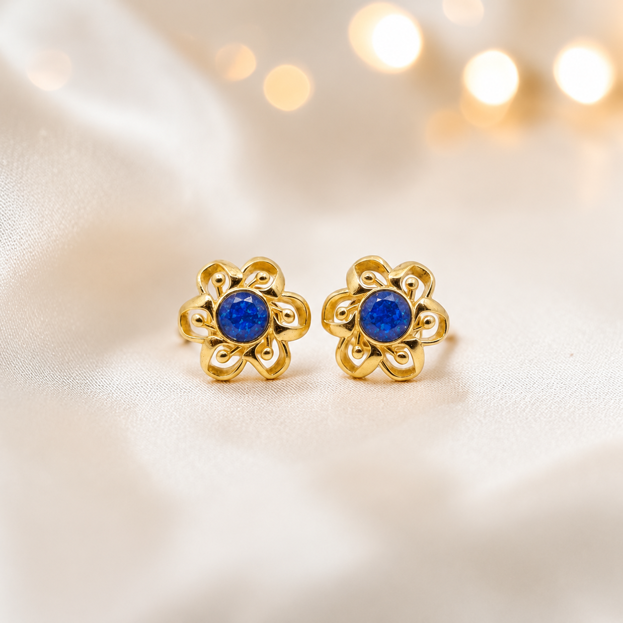 Royal Blue Freya 9ct gold flower earrings, handcrafted in Lancashire, UK – by Keepsake Memorial Jewellery