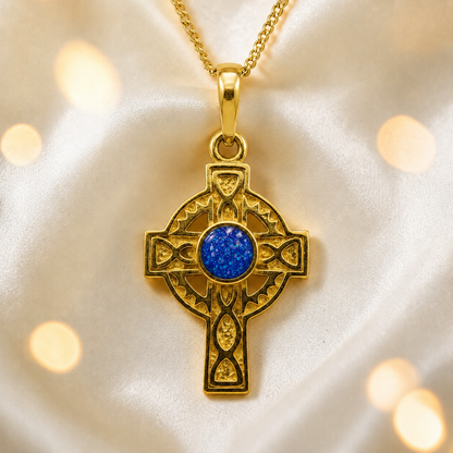 Royal Blue Gael Cross 9ct gold pendant, handcrafted in Lancashire UK – by Keepsake Memorial Jewellery