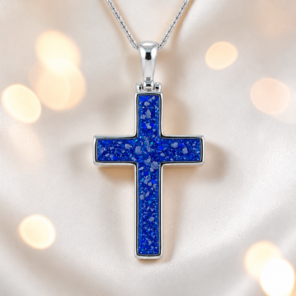 Royal Blue Halo sterling silver cross memorial pendant, 30mm, handcrafted in Lancashire UK by Keepsake Memorial Jewellery