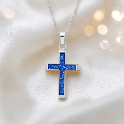 Royal Blue Legacy men's sterling silver 3D cross memorial pendant, 29mm, handcrafted in Lancashire UK by Keepsake Memorial Jewellery