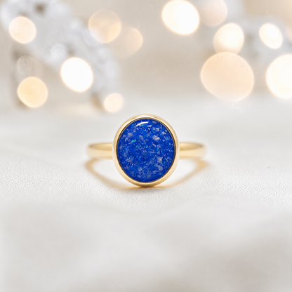 Royal Blue 9ct gold round memorial ring,  Matilda, handcrafted in Lancashire, UK – by Keepsake Memorial Jewellery