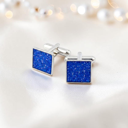 Royal blue Nexus sterling silver square memorial ashes cufflinks, handcrafted in Lancashire UK