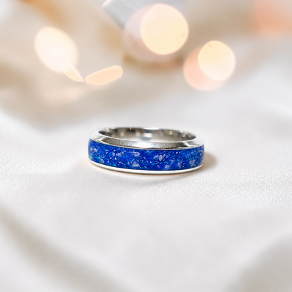 Royal  blue Obsidian men's sterling silver wide channel memorial band ring, 6mm wide, handcrafted in Lancashire UK by Keepsake Memorial Jewellery