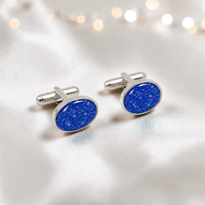 Royal blue Pulse sterling silver oval memorial ashes cufflinks, handcrafted in Lancashire UK