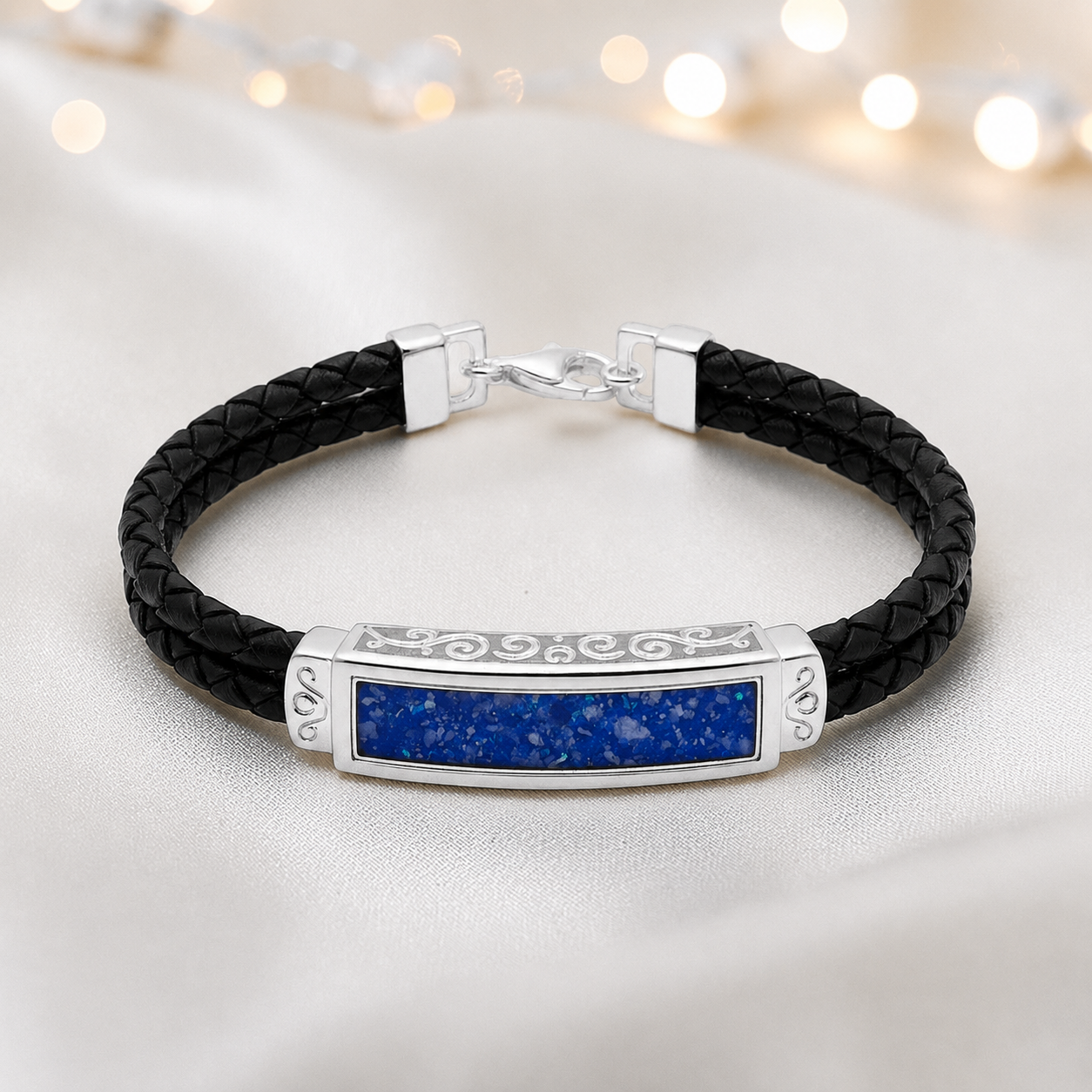 Royal Blue Sentinel men's sterling silver and leather memorial bracelet , handcrafted in Lancashire UK by Keepsake Memorial Jewellery