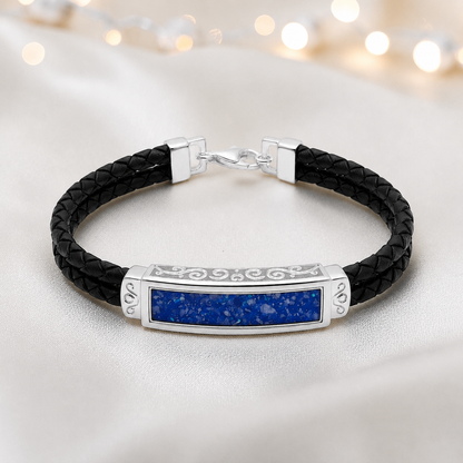 Royal Blue Sentinel men's sterling silver and leather memorial bracelet , handcrafted in Lancashire UK by Keepsake Memorial Jewellery