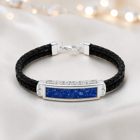 Royal Blue Sentinel men's sterling silver and leather memorial bracelet , handcrafted in Lancashire UK by Keepsake Memorial Jewellery
