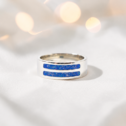 Royal blue Strata men's sterling silver double channel memorial ring, wide comfort-fit band, handcrafted in Lancashire UK by Keepsake Memorial Jewellery